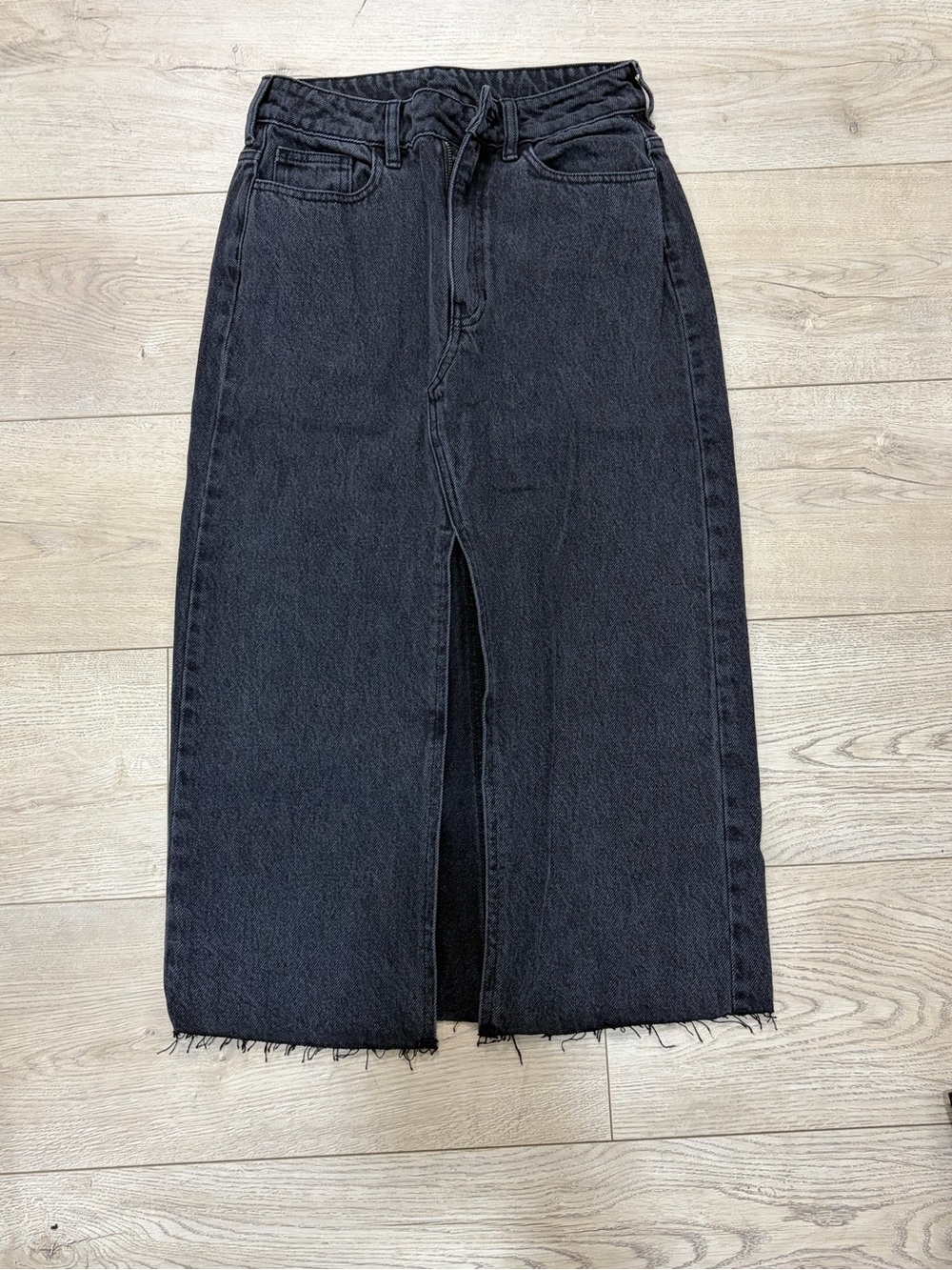 Black Denim Midi Skirt with Front Slit
